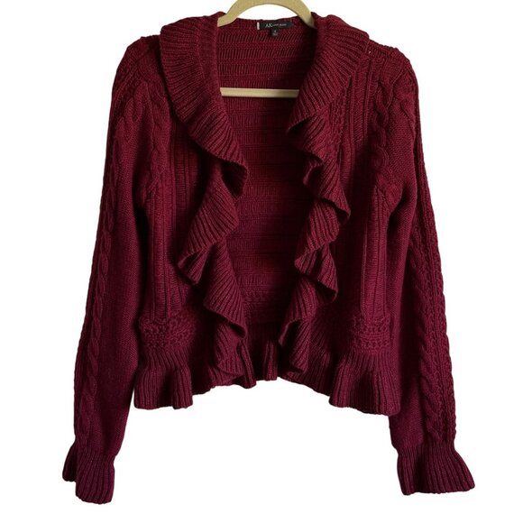 Anne Klein Burgundy Ruffled Open Cardigan Y2K Cropped Metallic Womens M Cozy - Picture 1 of 5